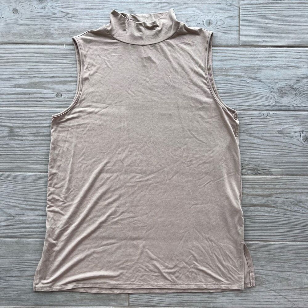 &Basics Womens‎ Tan Solid Pullover Side Slit Sleeveless Mock Neck Top Size Small